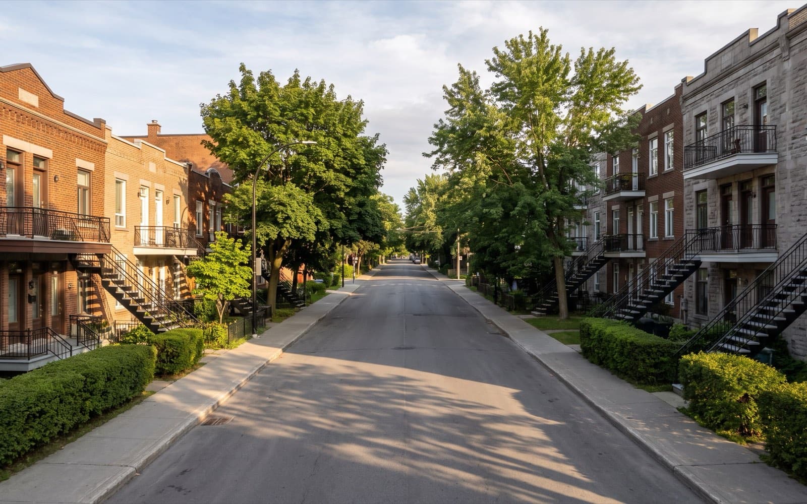 Tree-lined residential street of low-rise apartment buildings